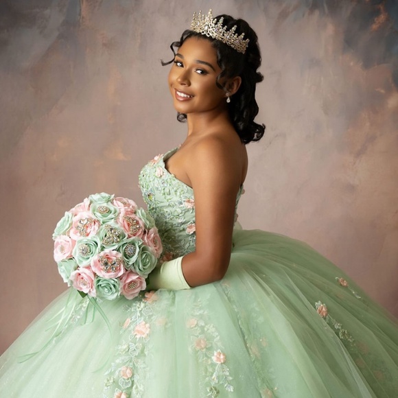 Sage Green Quinceañera Dress With Train - Picture 2 of 9